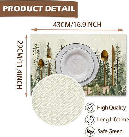 Rustic Forest Trees Placemats Set of 4, Misty Woodland Nature Table Mats Place Mats for for Kitchen Dining Table Decoration 16.9x11.4 Inch