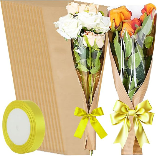 ACXFOND 100Pcs Flower Bouquet Bags, Kraft Flower Bags Bouquet Wrapping Paper with Ribbons for Florist Supplies Wedding Birthday Mother's Day, Teacher, Graduation Gift 9.4x3.5x17.9 Inches