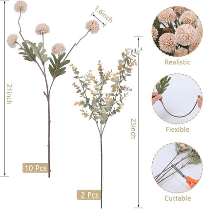 Geegoods Beige Pompon Mum Artificial Flowers with Eucalyptus – 10pcs, 21’’ Long Stems Fake Flowers for Vase Floral Arrangements Christmas Table Centerpieces Bouquets & Rustic Home Décor