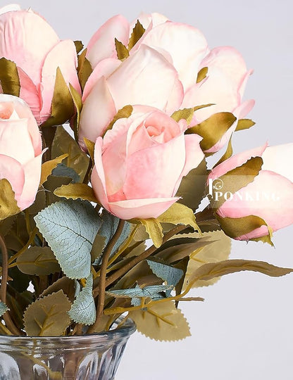 Rose Artificial Flower Buds 12pcs Realistic Faux Silk Roses Fake Flowers Bouquets Arrangements Decor for Wedding Spring Mother's Day, Home Table Decorations, Champagne Flower