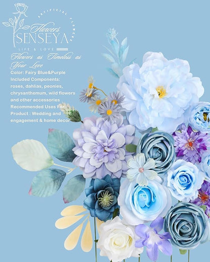 Senseya Artificial Flowers Combo, Blue Purple Silk Roses, Peonies, Dahlias with Stems for DIY Wedding Bouquets, Baby Shower, Table Centerpieces, Home Decor, Fake Floral Arrangements, Party Decorations