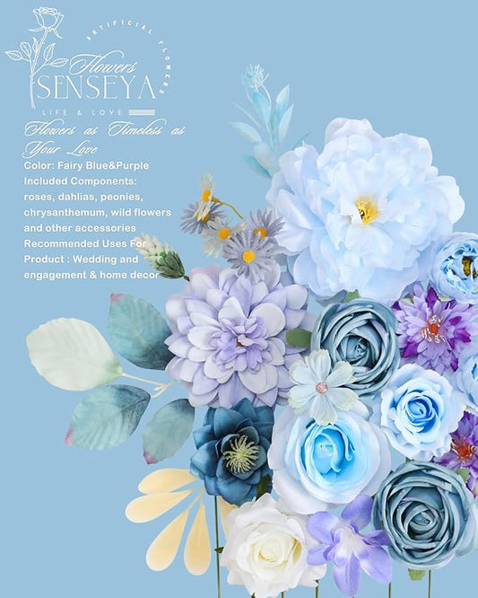 Senseya Artificial Flowers Combo, Blue Purple Silk Roses, Peonies, Dahlias with Stems for DIY Wedding Bouquets, Baby Shower, Table Centerpieces, Home Decor, Fake Floral Arrangements, Party Decorations