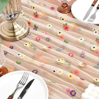 Joanlody Champagne Embroidery Daisy Christmas Table Runner 10ft Florals Seasonal Tulle Table Runner Holiday Kitchen Dining Table Decoration for Home Party Indoor