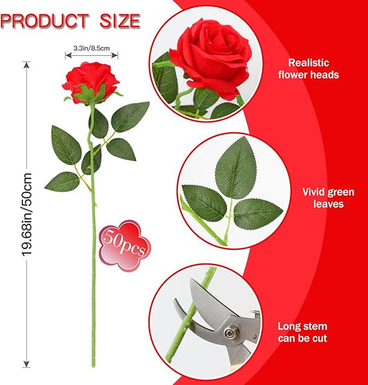 50PCS Artificial Silk Roses Flowers – Realistic Fake Roses in Bulk & Bouquet Long Stem Red Rose for Wedding Centerpieces, Home Decor, Floral Arrangements, Party Decoration (Red)