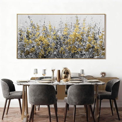 Framed Golden Floral Canvas Wall Art Large 29x58 Inch Grey and Gold Abstract Painting Textured Modern Flower Artwork for Above Couch Living Room Bedroom Home Decor