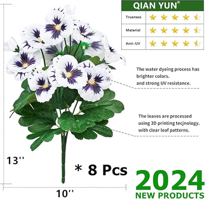 QIANYUN Fake Flowers Pansy Small Wild Flower Daisy Faux Plastic Purple Flowers for Home Wedding Kitchen Garden Table Centerpieces Indoor Outdoor Decor (8PCS,White)