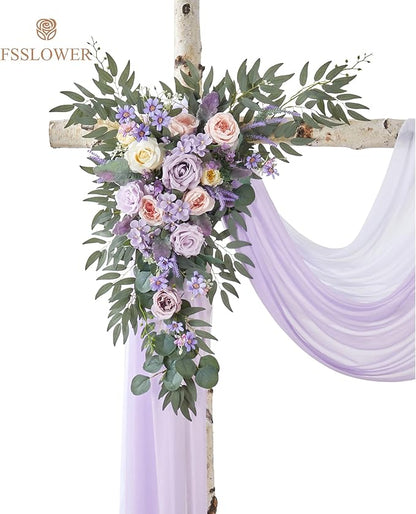 Wedding Arch Flowers with Drapes Kit (Pack of 4) - 2pcs Artificial Lilac Deluxe Swag with 2pcs Sheer Drapes for Wedding Ceremony Backdrop Rose Floral Decoration Arbor Reception