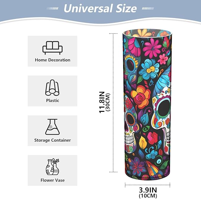 Flower Vase for Centerpieces, Day of The Dead Skull Flower Plastic Cylinder Vase, Clear Bud Vases for Home Wedding Office Table Decor
