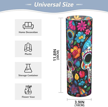 Flower Vase for Centerpieces, Day of The Dead Skull Flower Plastic Cylinder Vase, Clear Bud Vases for Home Wedding Office Table Decor