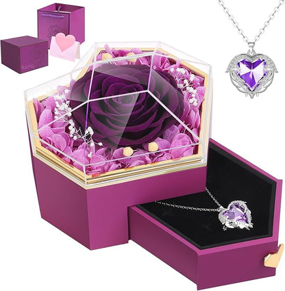 Preserved Real Rose with Necklace Forever Flowers Diamond shaped Box for Mom Wife Girlfriend Grandma on Mothers Day Birthday Valentines Christmas Anniversary Beatiful Gifts for women (Purple)
