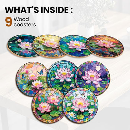 ANATTASOUL Coasters Set of 9 Lotus and Pond Pattern Colorful Wooden Coasters Bulk Round Housewarming Gift for New Home, 3.9" Decorative Coffee Table Protection for Farmhouse Bar House Decor