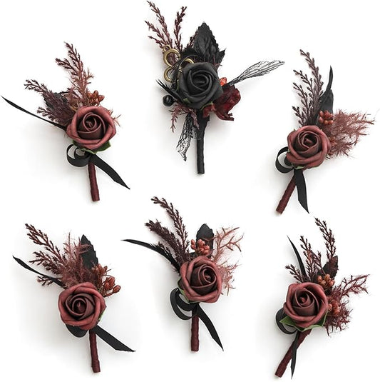 Ling's Moment Boutonniere for Men Wedding,Set of 6 , Groom and Groomsmen Boutonniere for Wedding Homecoming Halloween Ceremony Anniversary, Dinner Party, Prom Flowers and Fall Vintage Wedding
