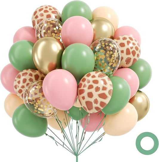 60pcs Safari Balloons 12inch, Sage Green Pink Nude Metallic Gold Confetti Balloons for Wild Safari Baby Shower Birthday Party Decorations