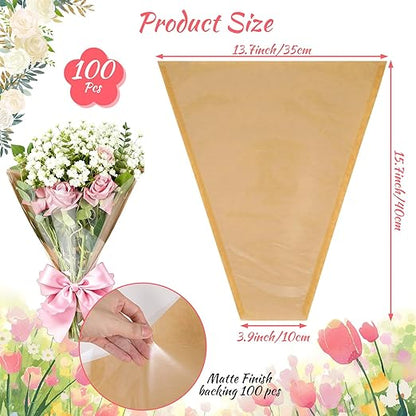 100 Pcs Floral Wrapping Paper Flower Bags for Bouquets Krafts with Transparent Window Flower Sleeves for Wedding Valentine Birthday Mother’s Day (15.8" x 13.8")