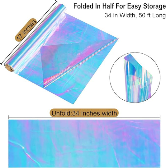 SYOGUA 34in x 50ft Iridescent Cellophane Wrap Roll, Extra Wide Iridescent Film Cellophane Wrap Rainbow Colored Cellophane Roll for Gift Baskets, Crafts, Candy, Gifts, Flowers