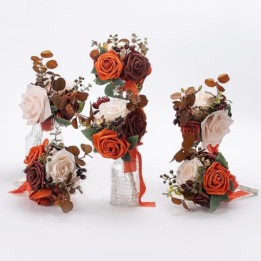 Meldel Burnt Orange Wedding Bouquet Centerpieces Flowers Mini Bridesmaid Bouquets Set of 6 Terracotta Table Decor Pre-Made Small Floral Fall Wedding Decorations