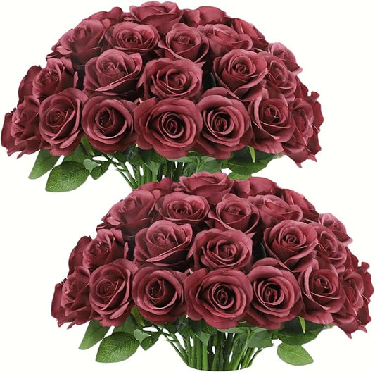 50pcs Roses Artificial Flowers Fake Flowers with Long Stems Burgundy Silk Flowers for Wedding Bouquet Centerpices Decorations Party Bridal Baby Shower Home Decor