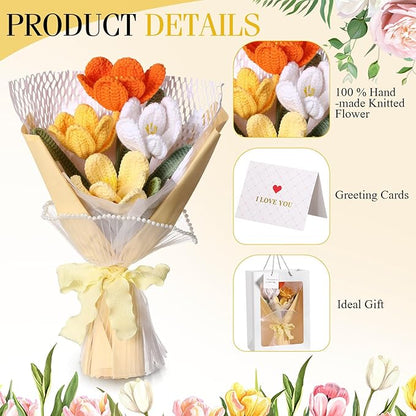 Crochet Flowers Bouquet Gift Christmas Crochet Flower Tulips Completed Handmade Knitted Bouquet with Card for Women Girlfriend Lover Appreciation Gift Birthday Wedding Teacher Decor(Orange)