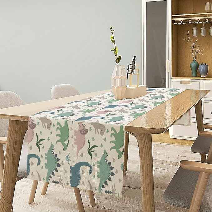 Cartoon Dinosaur Table Runner,Kids Boys Cute Colorful Animal Dino Abstract Print Tablecloth Burlap for Hotel Indoors Outdoor Dining Room Kitchen Holiday Party, 13x80in