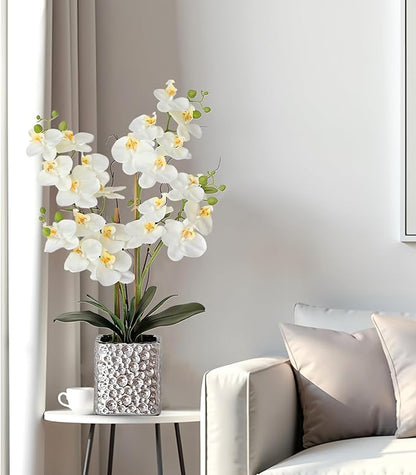 SJC Orchid Artificial Flowers with Sliver Vase Large Silk Faux Phalaenopsis Flowers for Dining Room Table Floral Centerpieces Indoor Decoration,White