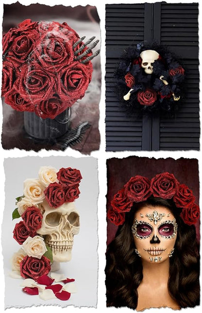 N&T NIETING Artificial Flowers Glowing Red Flowers Foam 25pcs Glitter Roses Real Looking Fake Roses with Stem for DIY Wedding Bouquets Centerpieces Bridal Shower Party Home Decorations
