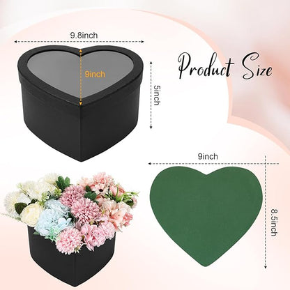 Nuenen Heart Shaped Flower Gift Boxes, Floral Gift Box with Lids Floral Foam Clear Cellophane 9.8 x 9 x 5 Inches for Birthday Wedding Proposal Packaging Arrangements(Black)