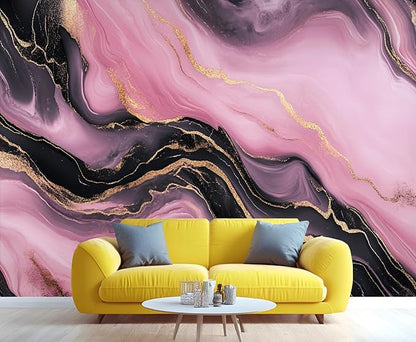 Pink Black Marble Wall Mural, Luxury Fluid Art 3D Wall Murals, Gold Vein Abstract Marble Wallpaper Mural, for Living Room Bedroom Large Wallpaper Indoor Decor 78.7" W x55.1 H