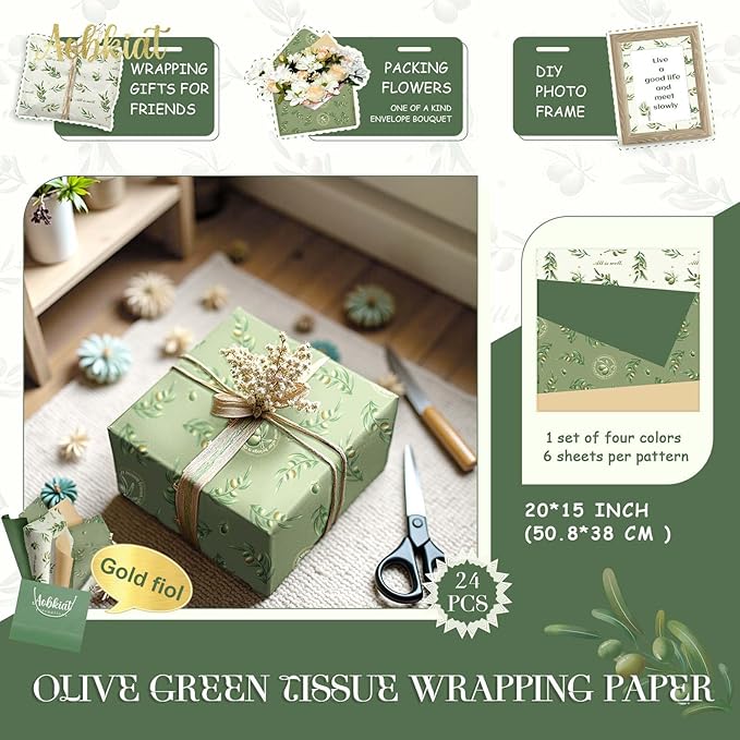 Aobkiat Christmas Green Tissue Paper for Bags,20 x 15 Inch Olive Leaf Wrapping Paper for Friends Family Present Packaging Gift Wrap,Wedding,Birthday,Xmas,New Year,DIY Craft,24 Sheets