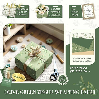 Aobkiat Christmas Green Tissue Paper for Bags,20 x 15 Inch Olive Leaf Wrapping Paper for Friends Family Present Packaging Gift Wrap,Wedding,Birthday,Xmas,New Year,DIY Craft,24 Sheets