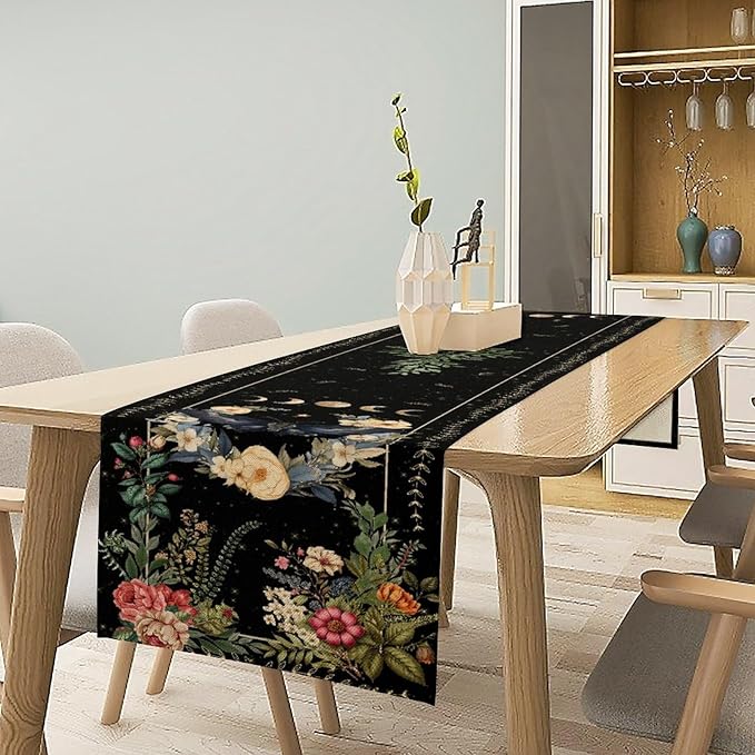 Gothic Moth Table Runner, Boho Vintage Floral Gothic Sun Moon Phase Mystical Witchy Farmhouse Coffee Table Center Decor for Home Kitchen Dining Patio Holiday Party Table Decorations 13x36 inches