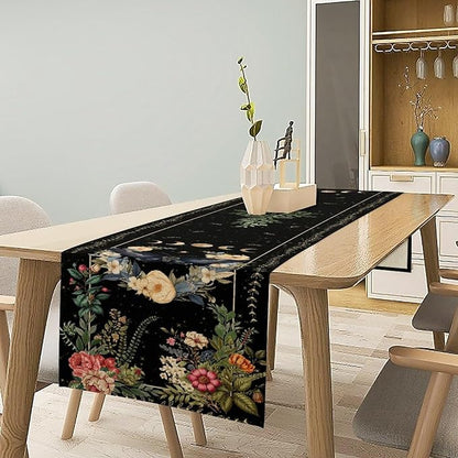 Gothic Moth Table Runner, Boho Vintage Floral Gothic Sun Moon Phase Mystical Witchy Farmhouse Coffee Table Center Decor for Home Kitchen Dining Patio Holiday Party Table Decorations 13x72 inches
