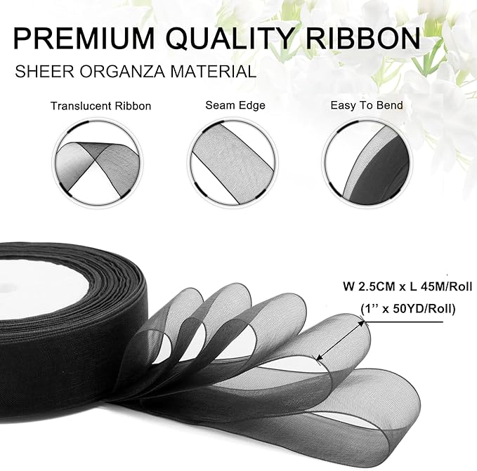 Black Ribbon for Gifts Wrapping, 1 inch 50Yard Sheer Organza Ribbon, Gift Wrap Chiffon Ribbons for Halloween, Fathers Day, Wedding, Party Decoration, Hair, Crafts, Flower Bouquet