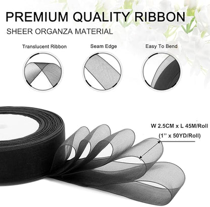 Black Ribbon for Gifts Wrapping, 1 inch 50Yard Sheer Organza Ribbon, Gift Wrap Chiffon Ribbons for Halloween, Fathers Day, Wedding, Party Decoration, Hair, Crafts, Flower Bouquet