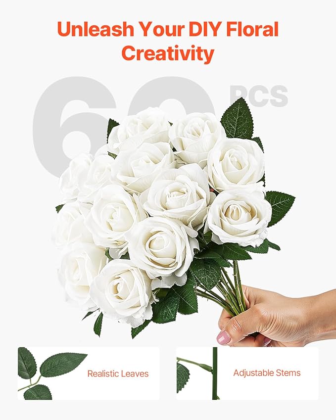VEVOR Artificial Flowers, 60 pcs Real Looking White Foam Fake Roses Bulk, White Faux Bridal Shower with Stems for DIY Wedding Bouquets, Home Centerpieces Arrangements, Party Tables Decorations