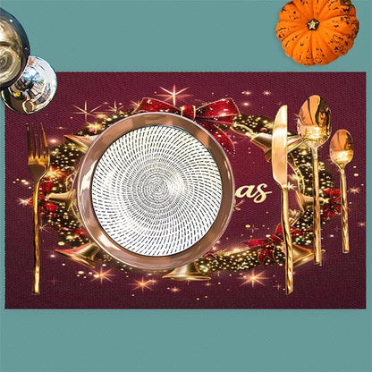 Xmas Christmas Bells Red Placemats Set of 4 PVC Vinyl Non Slip Table Mats Heat Resistant Place Mats Washable Wipeable Dining Table Mat for Kitchen Decor Party Indoor Outdoor Decorative Gift
