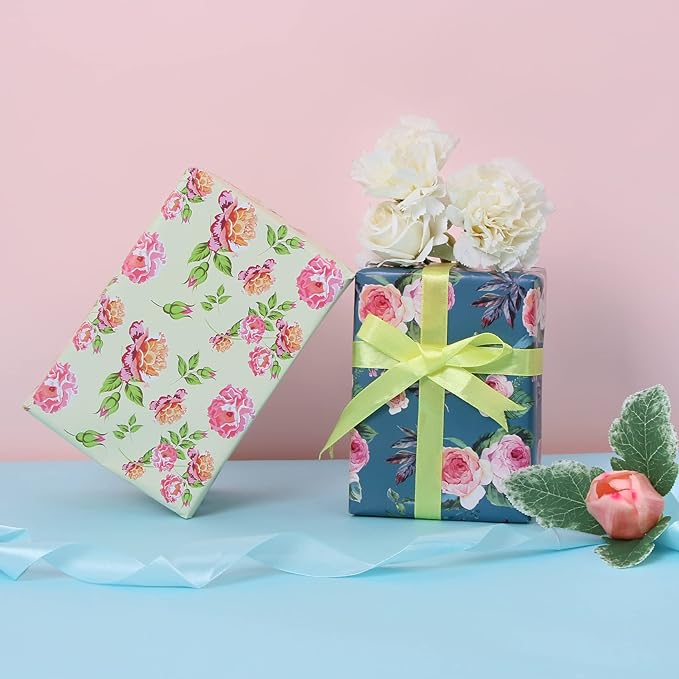 Aimyoo Ivory Floral Wrapping Paper Roll 17 in x 10 ft, Vintage Rose Flower Gift Wrap for Wedding Bridal Shower Women Birthday