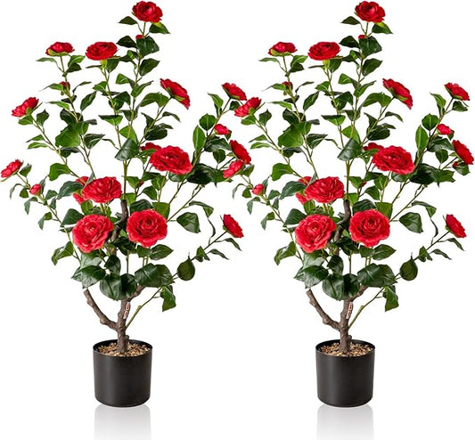 Artificial Camellia Tree,2Pack 3.2FT Faux Red Camellia Plants in Pots,Lifelike Artificial Flower Trees for Indoor Outdoor Home Decor,Realistic Blooming Faux Plants for Living Room Porch Patio Office