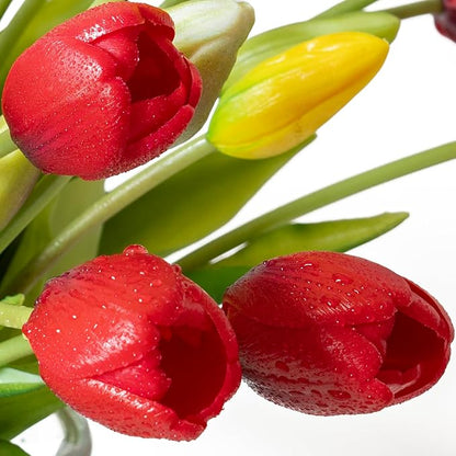 40pcs Artificial Tulips Flowers, Real Touch Latex Bouquet, Fake Tulips for Office Wedding Party Home Kitchen Garden Decoration-B Red Suit