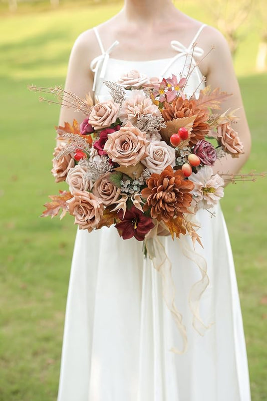 Artificial Flowers Combo Box Set Dusty Coffee Color Flower Leaf with Stems for DIY Wedding Bouquets Centerpieces Baby Shower Party Home Decorations