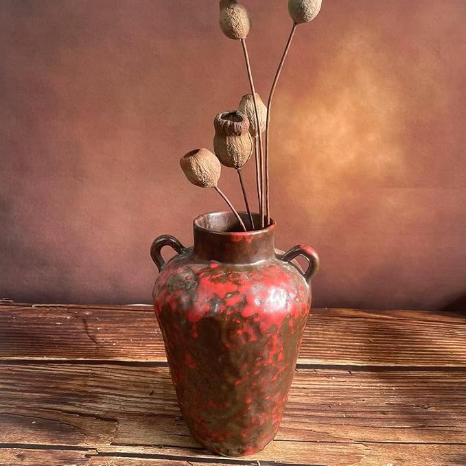 8IN Rustic Farmhouse Ceramic Vase Home Decor, Vintage Stoneware Clay Pottery Terracotta Textured for Modern Farmhouse, Living Room, Office Desk Table Shelf(Grey and red)