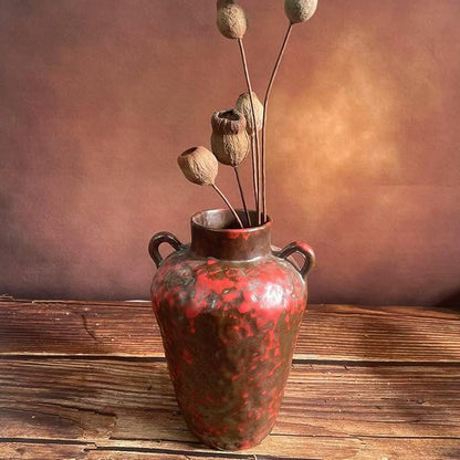 8IN Rustic Farmhouse Ceramic Vase Home Decor, Vintage Stoneware Clay Pottery Terracotta Textured for Modern Farmhouse, Living Room, Office Desk Table Shelf(Grey and red)