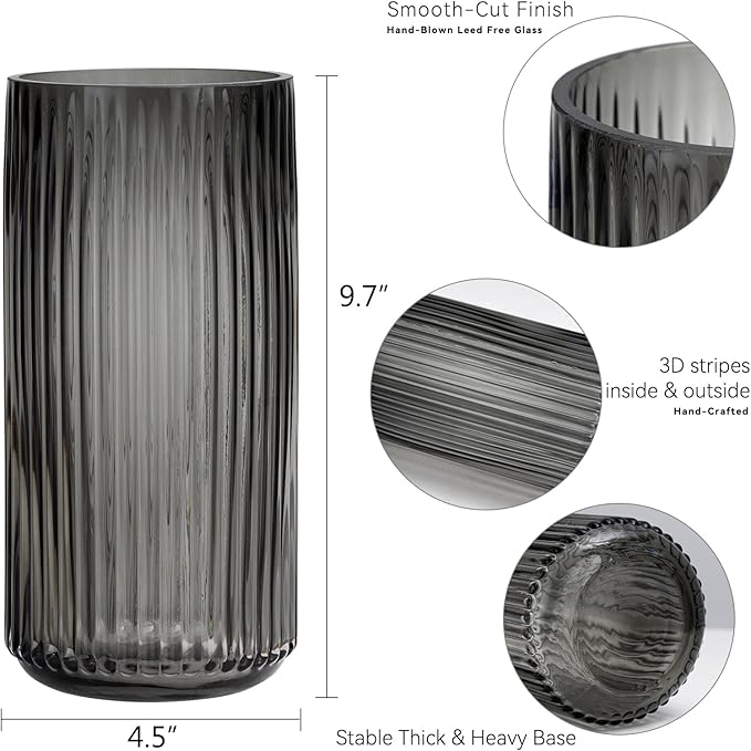 Flower Vase 9.7 inch Grey Thickened Hand Blow Glass Vase Round Vintage Striped Bottles for Bookshelf,Dinner Table,Indoor Office Desktop,Meeting Room,Bathroom,Countertop,Home