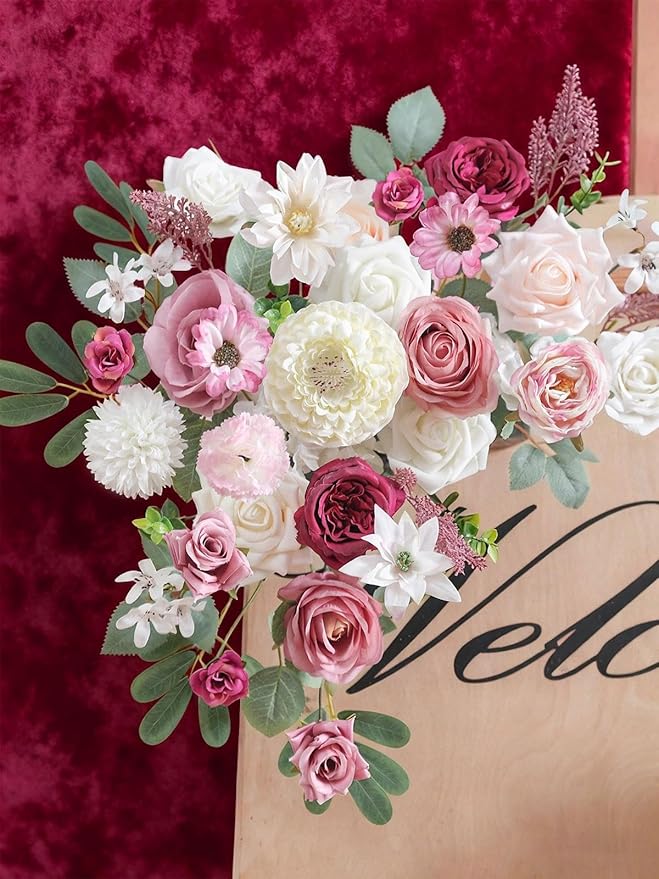 Artificial Flowers Combo Box Set White Pink Fake Roses Silk Flowers with Stems for DIY Wedding Bridal Bouquets,Floral Arrangement,Table Centerpieces,Baby Shower,Home Decorations