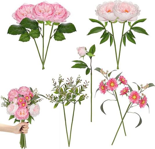 Hot Pink Flowers Artificial Peonies Silk Flowers with Stems 10PCS Realistic Fake Peony Daisies Long Faux Flowers for Vase Floral Centerpiece Arrangements Wedding DIY Bridal Bouquet Party Home Decor