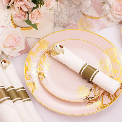 DaYammi 210Pcs Pink Gold Plastic Plates Floral Plates,Pink Disposable Dinnerware Set Includes 60 pink Plate,30 gold Plastic Silverware,30 Per Rolled Napkins,30 plastic Cups,Christmas plates for Party