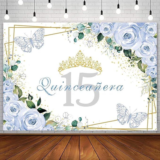 SENDY 8x6ft Quinceañera Backdrop Mis Quince 15 Anos Birthday Party Decoration Supplies for Girl Princess Blue Floral Butterfly Golden Crown Photography Background Banner Photo Booth Studio Props