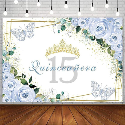 SENDY 7x5ft Quinceañera Backdrop Mis Quince 15 Anos Birthday Party Decoration Supplies for Girl Princess Blue Floral Butterfly Golden Crown Photography Background Banner Photo Booth Studio Props