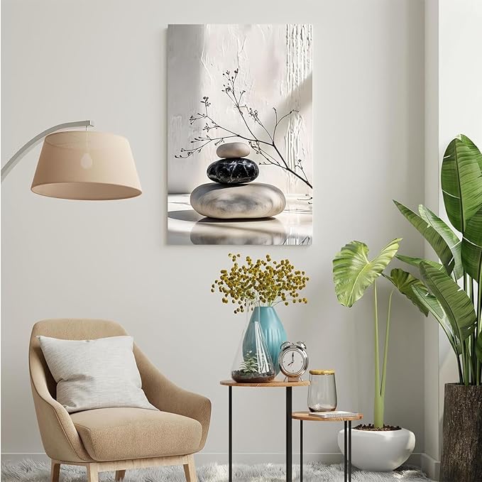 Gray and black stone pile and dried flowers poster canvas wall art in harmony Minimalist wall art for tranquil homes and mindful spaces 16x24in Wood Framed