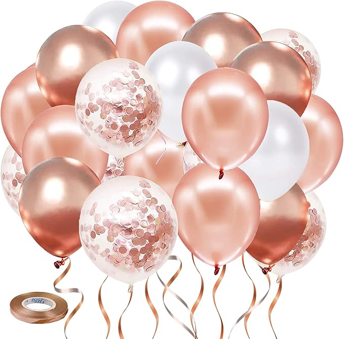 Rose Gold Confetti Balloons, 50pcs 12 Inch Metallic Rose Gold Balloons Rose Gold and White Latex Balloons with 33 Feet String for Bridal Shower Sweet 16 Birthday Party Wedding Anniversary Decorations