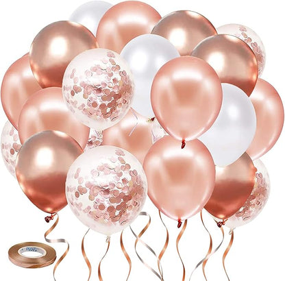 Rose Gold Confetti Balloons, 50pcs 12 Inch Metallic Rose Gold Balloons Rose Gold and White Latex Balloons with 33 Feet String for Bridal Shower Sweet 16 Birthday Party Wedding Anniversary Decorations